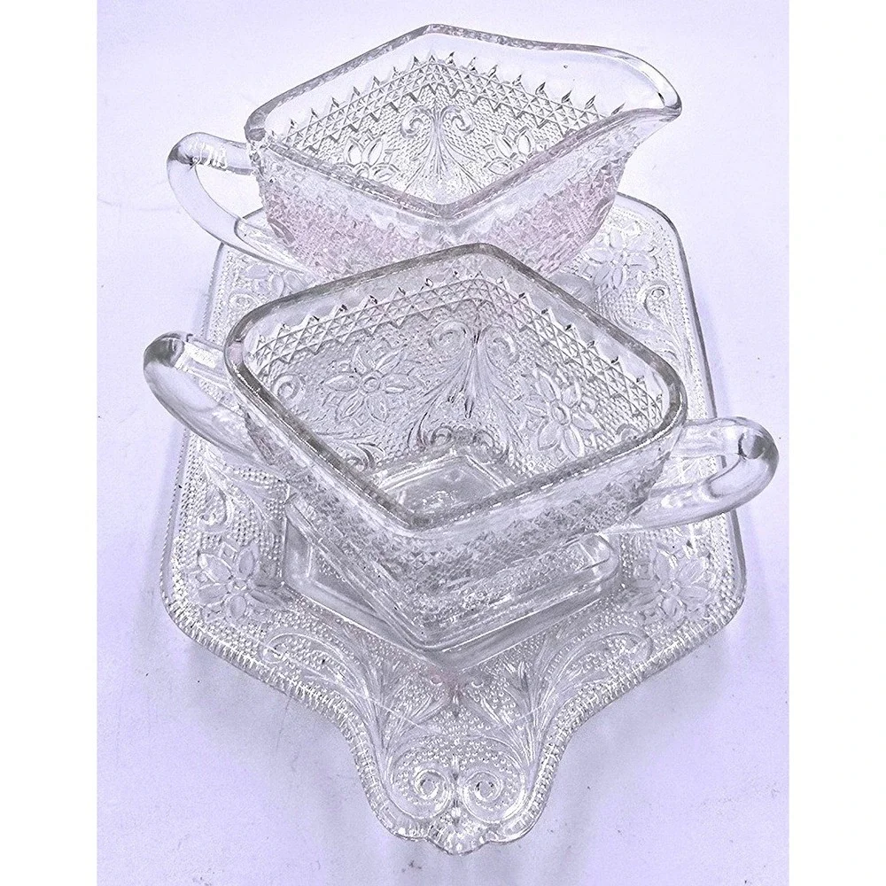 Vintage Clear Glass Embossed Floral Pattern Creamer and Sugar Bowl‎ with Tray